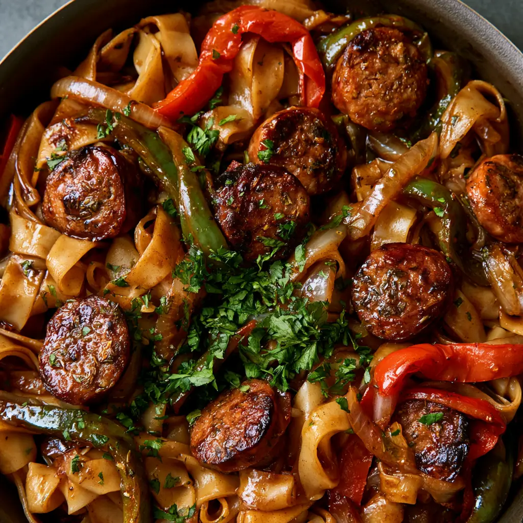 Italian Drunken Noodles with Savory Sausage and Peppers 1 Close-up of seared Italian sausage rounds and charred bell peppers mixed into Italian Drunken Noodles.