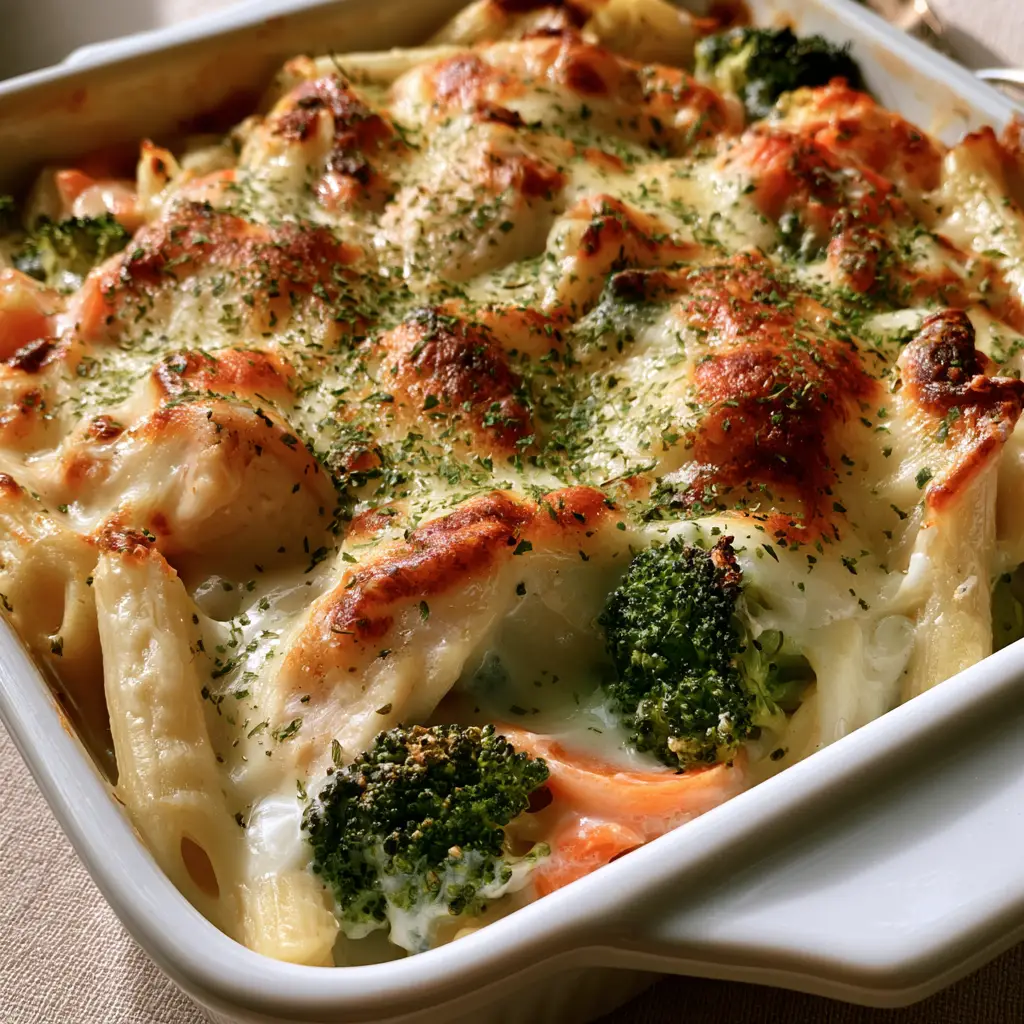 Chicken Primavera Pasta Bake: The Ultimate Creamy Weeknight Casserole 1 Close-up of melted mozzarella with golden-brown spots on top of a Chicken Primavera Pasta Bake.