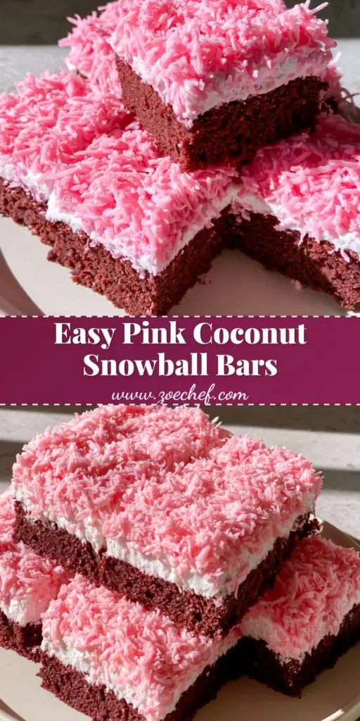 Pink Coconut Snowball Cake Bars with Dark Chocolate 4 A stack of Pink Coconut Snowball Cake Bars featuring a dense dark chocolate base and vibrant pink coconut on a stone background.