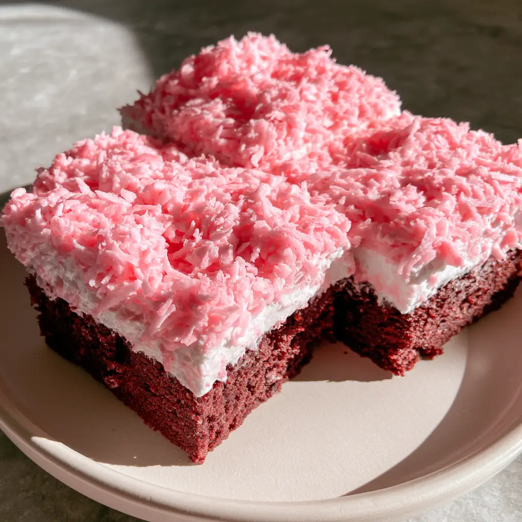 Close up of a Pink Coconut Snowball Cake Bar showing the thick marshmallow frosting and rich chocolate cake texture.