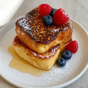 Close-up of thick brioche French toast showing the custard-soaked interior and dark amber caramelized sugar topping. (Crème Brûlée French Toast)
