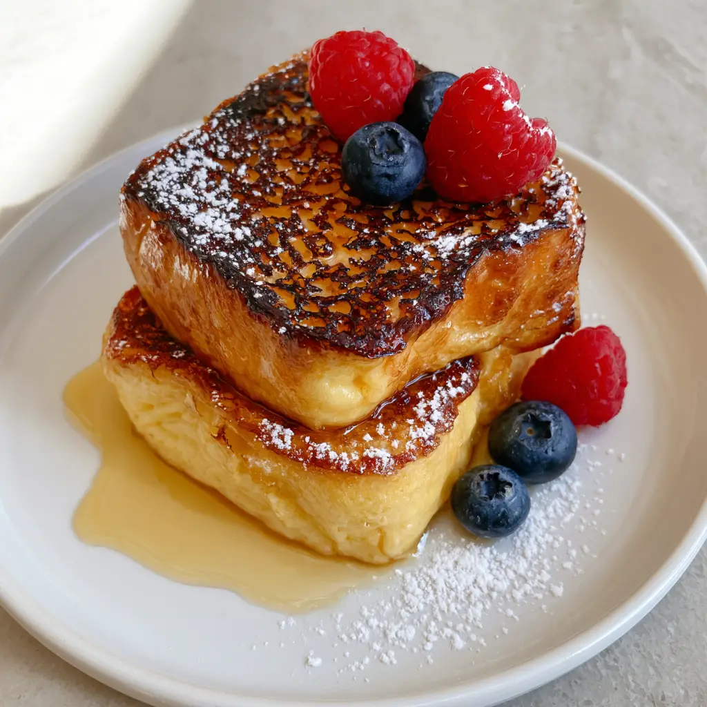 Close-up of thick brioche French toast showing the custard-soaked interior and dark amber caramelized sugar topping. (Crème Brûlée French Toast)