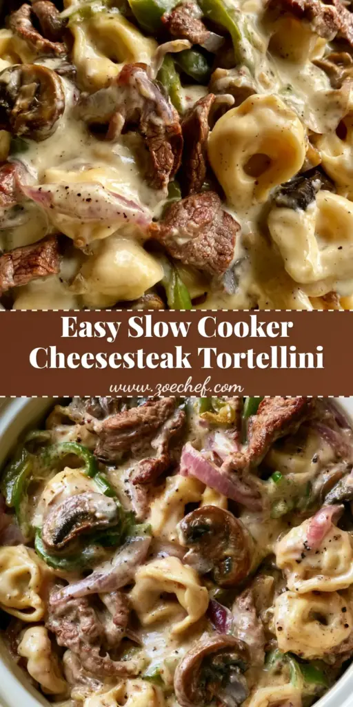 Crock Pot Cheesesteak Tortellini with Glossy Provolone Sauce 4 A close-up shot of Crock Pot Cheesesteak Tortellini featuring seared beef, peppers, and glossy cheese sauce.