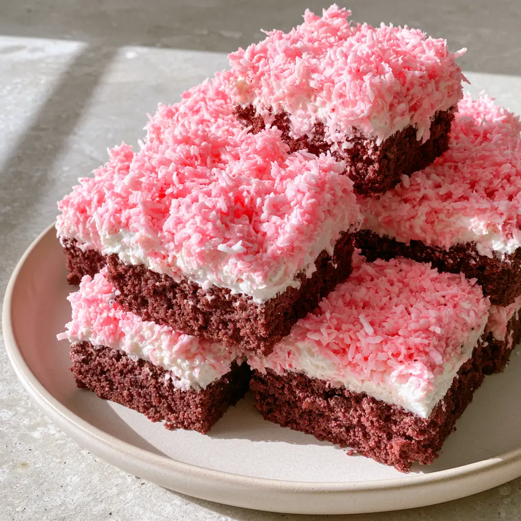Pink Coconut Snowball Cake Bars with Dark Chocolate 1 Perfectly sliced squares of Pink Coconut Snowball Cake Bars stacked on an off-white plate.