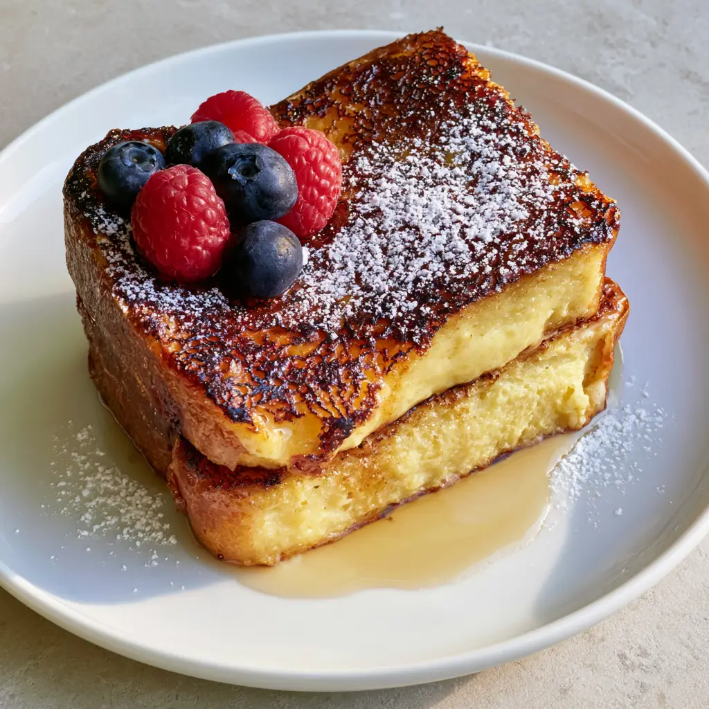Crème Brûlée French Toast: The Ultimate Crispy Caramelized Brioche 1 Crème Brûlée French Toast garnished with blueberries and raspberries on a white plate with sifted powdered sugar dusting.