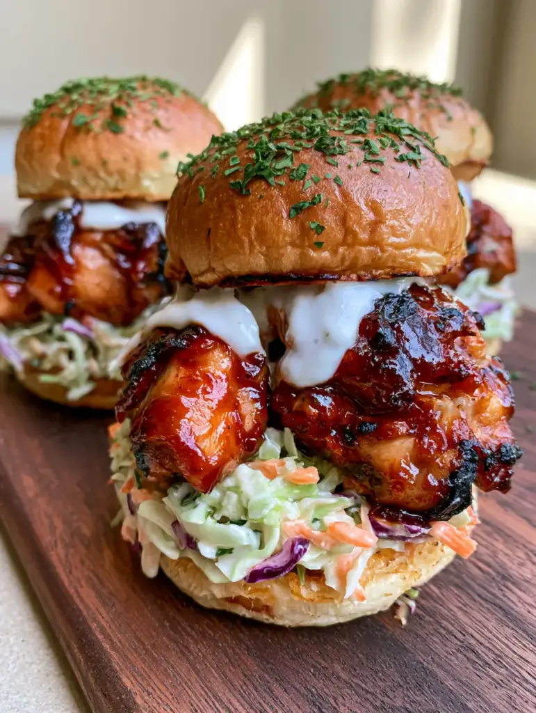 Honey Chipotle Chicken Sliders with Creamy Garlic Slaw 2 A close-up handheld smartphone photo of three Honey Chipotle Chicken Sliders with visible charred chicken edges and creamy slaw.