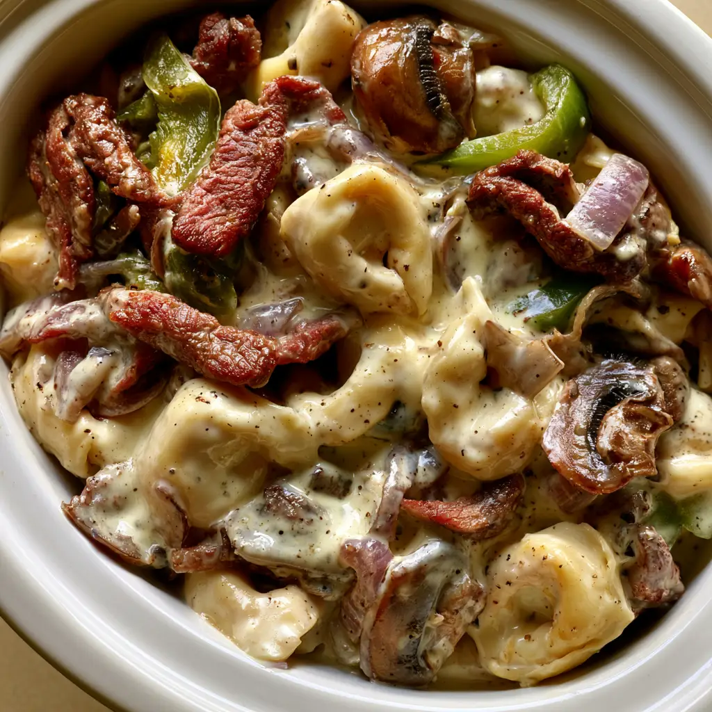 Crock Pot Cheesesteak Tortellini with Glossy Provolone Sauce 2 Top-down view of cheese tortellini mixed with beef strips and green peppers in a white crock pot. (Crock Pot Cheesesteak Tortellini)