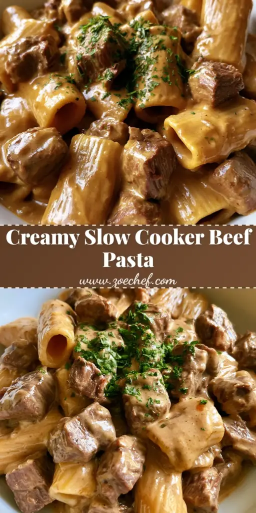 Slow Cooker Garlic Beef Pasta with Creamy Gravy 4 A Pinterest-style vertical shot of Slow Cooker Garlic Beef Pasta featuring tender beef tips and rigatoni in a creamy brown sauce.