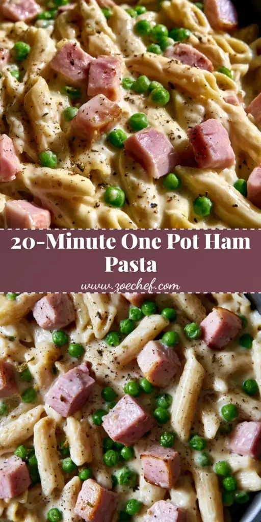 One Pot Ham and Penne with Creamy White Sauce 3 A top-down view of One Pot Ham and Penne featuring al dente pasta tubes coated in thick white sauce with pink ham and green peas. (One Pot Ham and Penne)
