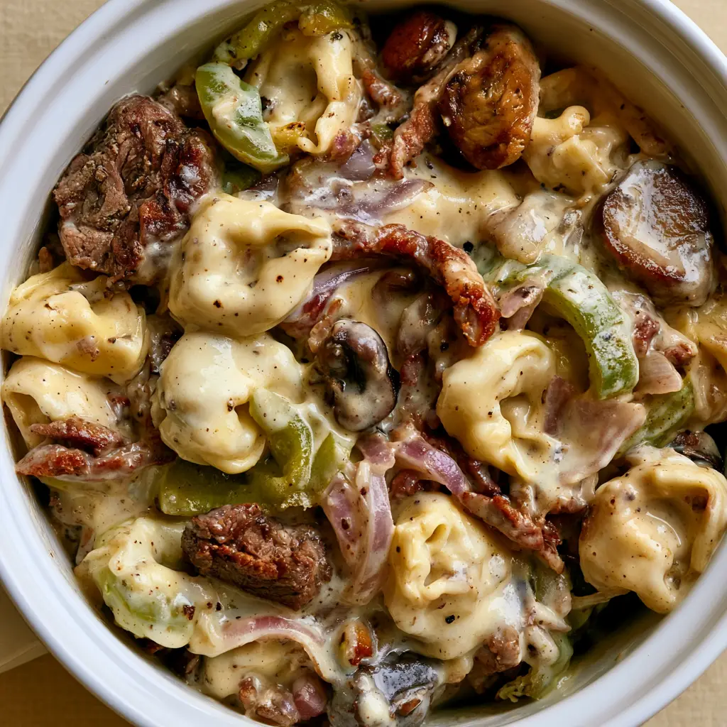 Crock Pot Cheesesteak Tortellini with Glossy Provolone Sauce 1 Detailed shot of browned beef strips and translucent red onions in a creamy pasta dish. (Crock Pot Cheesesteak Tortellini)