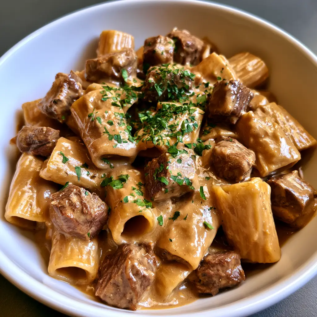 Slow Cooker Garlic Beef Pasta with Creamy Gravy 2 Close up of Slow Cooker Garlic Beef Pasta in a white bowl with glossy sauce and parsley.