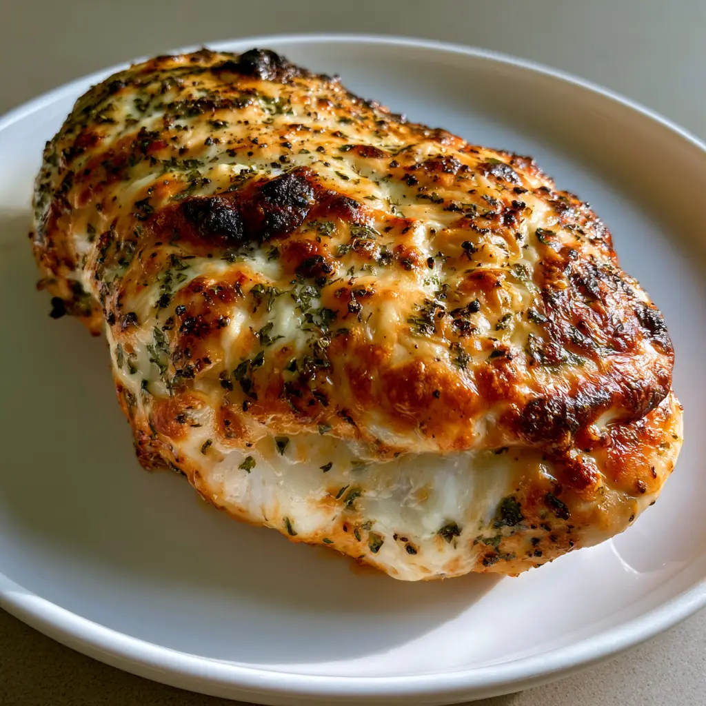 Melt In Your Mouth Chicken Breast: The Ultimate Juicy Baked Recipe 2 Smartphone photo of a single thick oven-baked Melt In Your Mouth Chicken Breast showing glistening white meat.