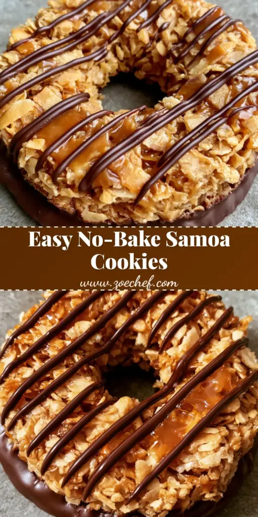 No-Bake Samoa Cookies: The Ultimate Copycat Girl Scout Treat 4 A close-up shot of a ring-shaped No-Bake Samoa Cookie featuring toasted coconut, caramel, and dark chocolate drizzles on a stone surface.