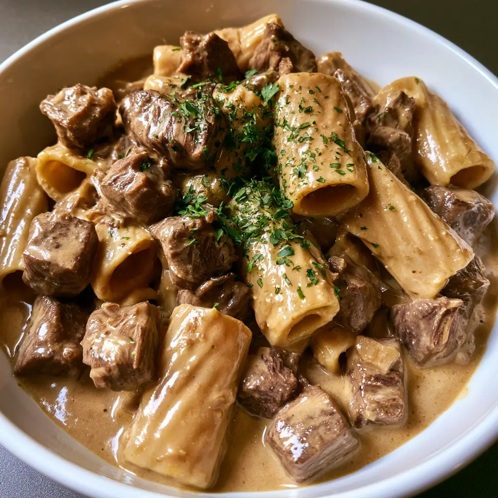 Slow Cooker Garlic Beef Pasta with Creamy Gravy 1 Overhead view of Slow Cooker Garlic Beef Pasta showing tender braised chuck beef tips.