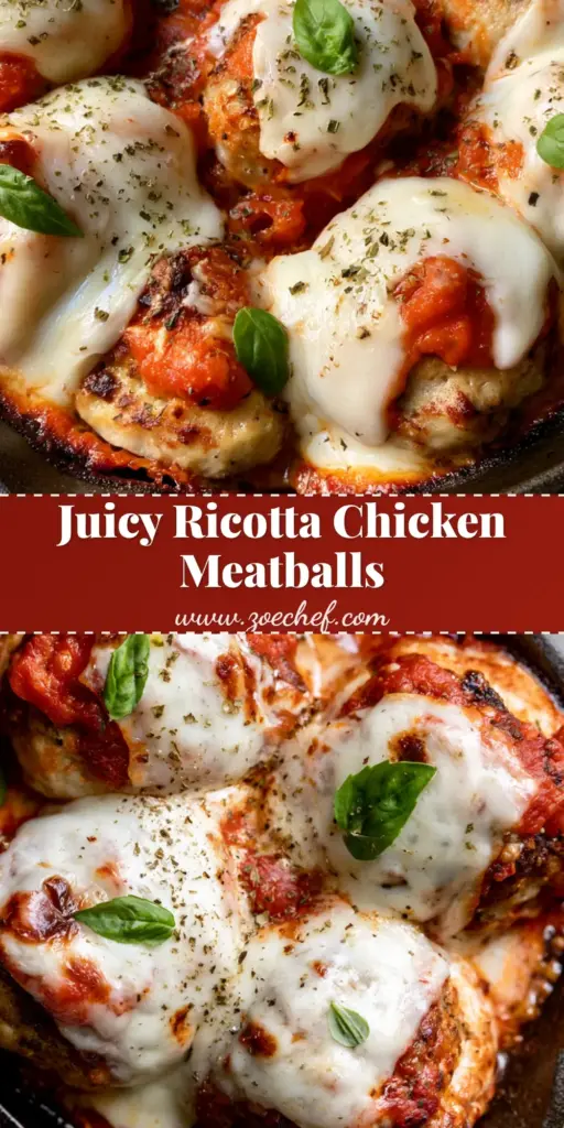 Baked Chicken Ricotta Meatballs: Tender, Juicy, and Cheesy 4 A top-down shot of Baked Chicken Ricotta Meatballs in a cast iron skillet with bubbly mozzarella, red sauce, and fresh basil.