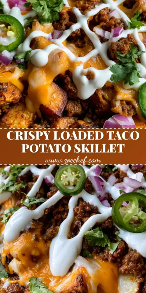 Cheesy Taco Potatoes: The Ultimate Crispy Skillet Dinner 4 A black cast iron skillet filled with Cheesy Taco Potatoes featuring crispy golden roasted potato cubes, seasoned ground beef, melted cheddar and monterey jack cheese, a lattice sour cream drizzle, and fresh jalapenos.