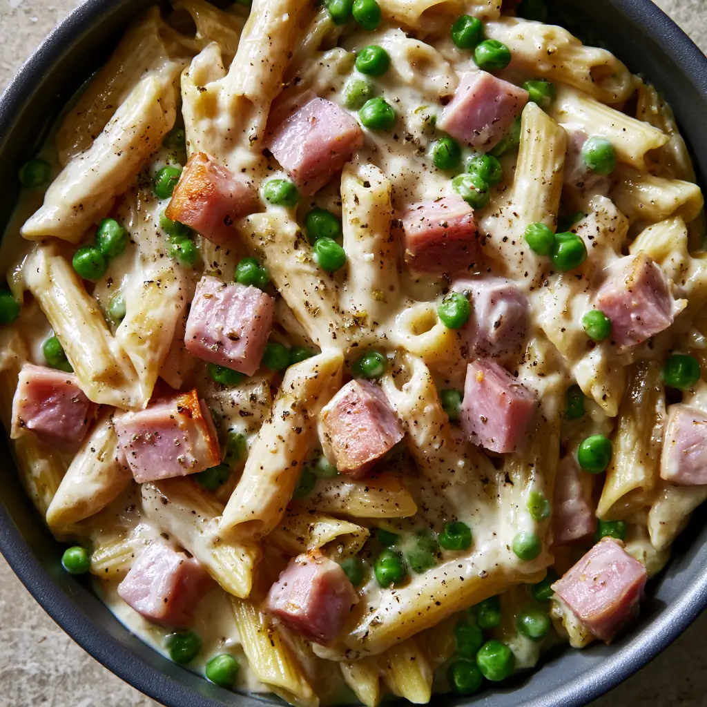 One Pot Ham and Penne with Creamy White Sauce 1 Top-down view of One Pot Ham and Penne in a dark grey skillet garnished with black pepper.
