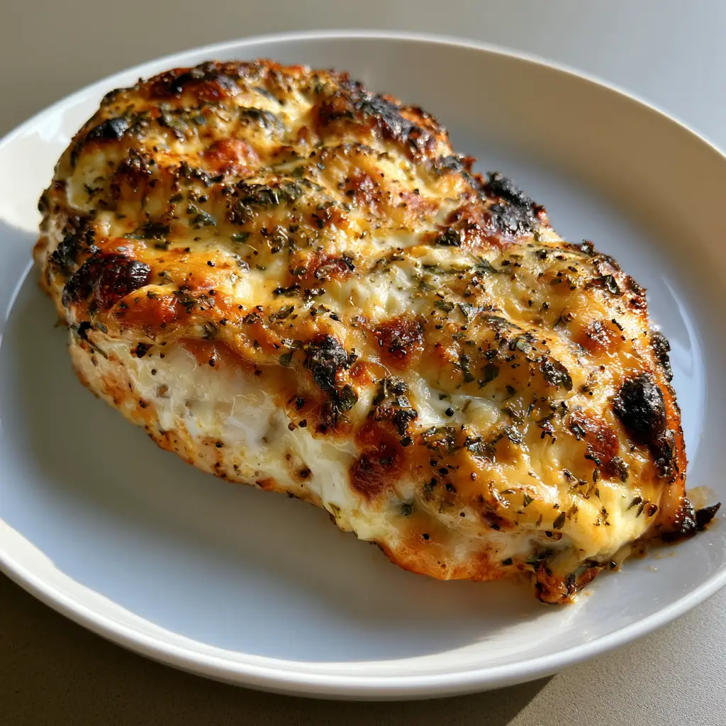 Melt In Your Mouth Chicken Breast: The Ultimate Juicy Baked Recipe 1 Top view of bubbly, golden-brown chicken breast with dried green herb flakes and cracked black pepper.