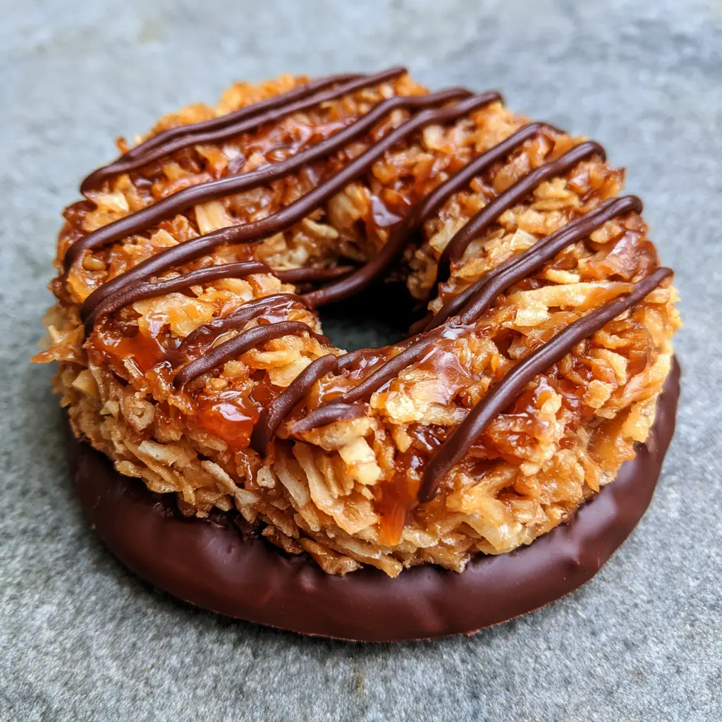 A single No-Bake Samoa Cookie held up, showing the dense toasted coconut flakes and glossy dark chocolate bottom. (No-Bake Samoa Cookies)