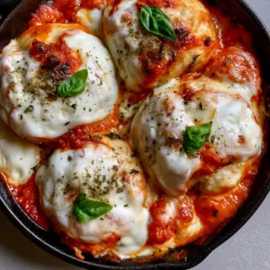 Close-up of golden-brown Baked Chicken Ricotta Meatballs with thick melted mozzarella and dried oregano flakes.