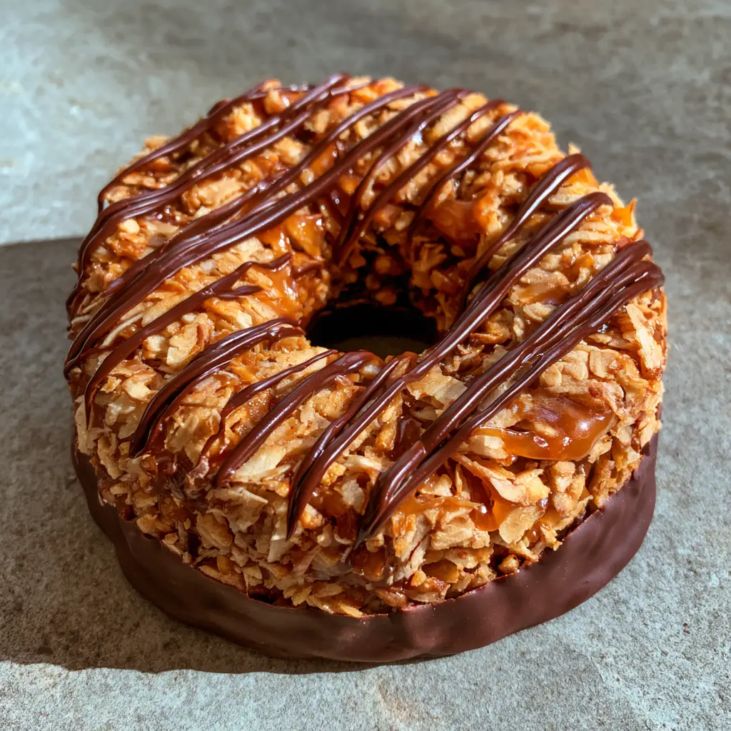 No-Bake Samoa Cookies: The Ultimate Copycat Girl Scout Treat 1 A top-down view of a No-Bake Samoa Cookie highlighting the thin diagonal chocolate stripes and the ring shape.