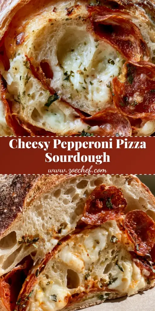 Pepperoni Pizza Sourdough Bread with Mozzarella and Herbs 3 A tall Pinterest pin image showing a cross-section of Pepperoni Pizza Sourdough Bread with melted mozzarella and herbs.