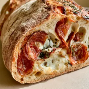 Close-up eye-level shot of Pepperoni Pizza Sourdough Bread showing airy crumb and melted mozzarella.