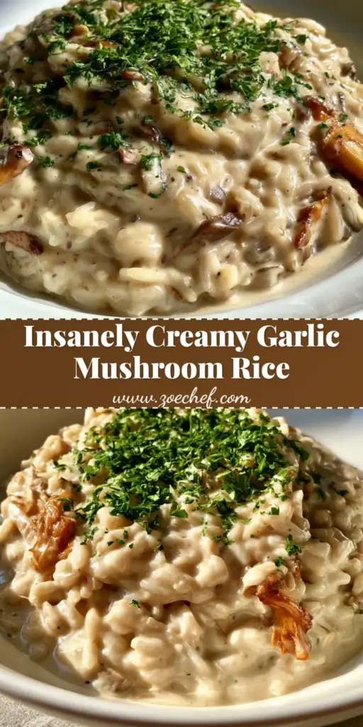 Creamy Mushroom Rice with Garlic Parmesan Sauce 3 A close-up shot of Creamy Mushroom Rice in a white bowl, showing thick garlic cream sauce, golden-brown mushrooms, and fresh parsley garnish.