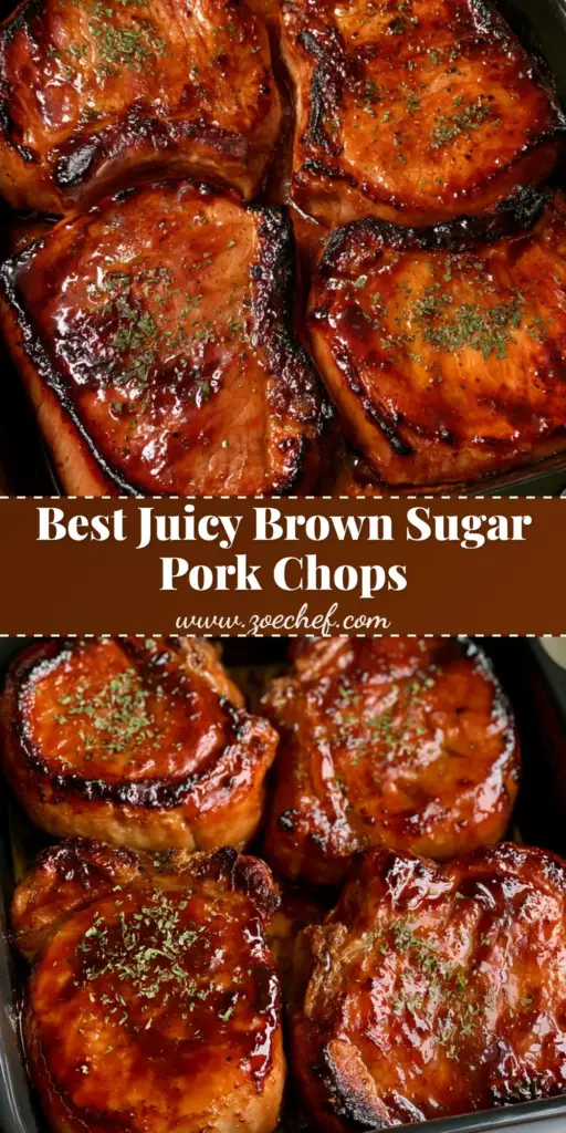 Oven Baked Brown Sugar Pork Chops 3 A top-down angled shot of Oven Baked Brown Sugar Pork Chops with a glossy dark amber glaze and dried parsley in a black ceramic dish.