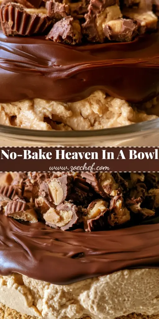 A handheld smartphone photo of a layered No-Bake Heaven In A Bowl dessert in a clear glass bowl featuring graham cracker crust, tan mousse, and dark chocolate ganache with chopped peanut butter cups.