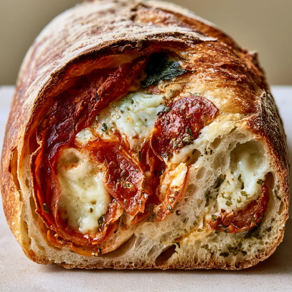 Pepperoni Pizza Sourdough Bread with Mozzarella and Herbs 1 Sliced artisan loaf of Pepperoni Pizza Sourdough Bread on a neutral surface.