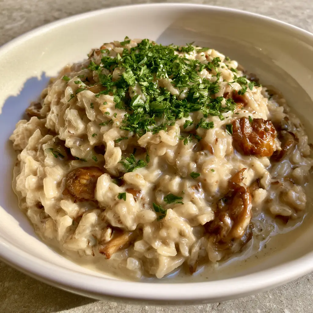 Creamy Mushroom Rice with Garlic Parmesan Sauce 2 A handheld smartphone photo of Creamy Mushroom Rice featuring long-grain rice and sauteed brown mushrooms in a glossy sauce.