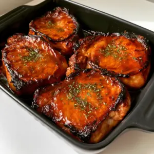 Close up of four thick boneless pork chops with caramelized sugar glaze and seared edges in a black ceramic baking dish. (Oven Baked Brown Sugar Pork Chops)