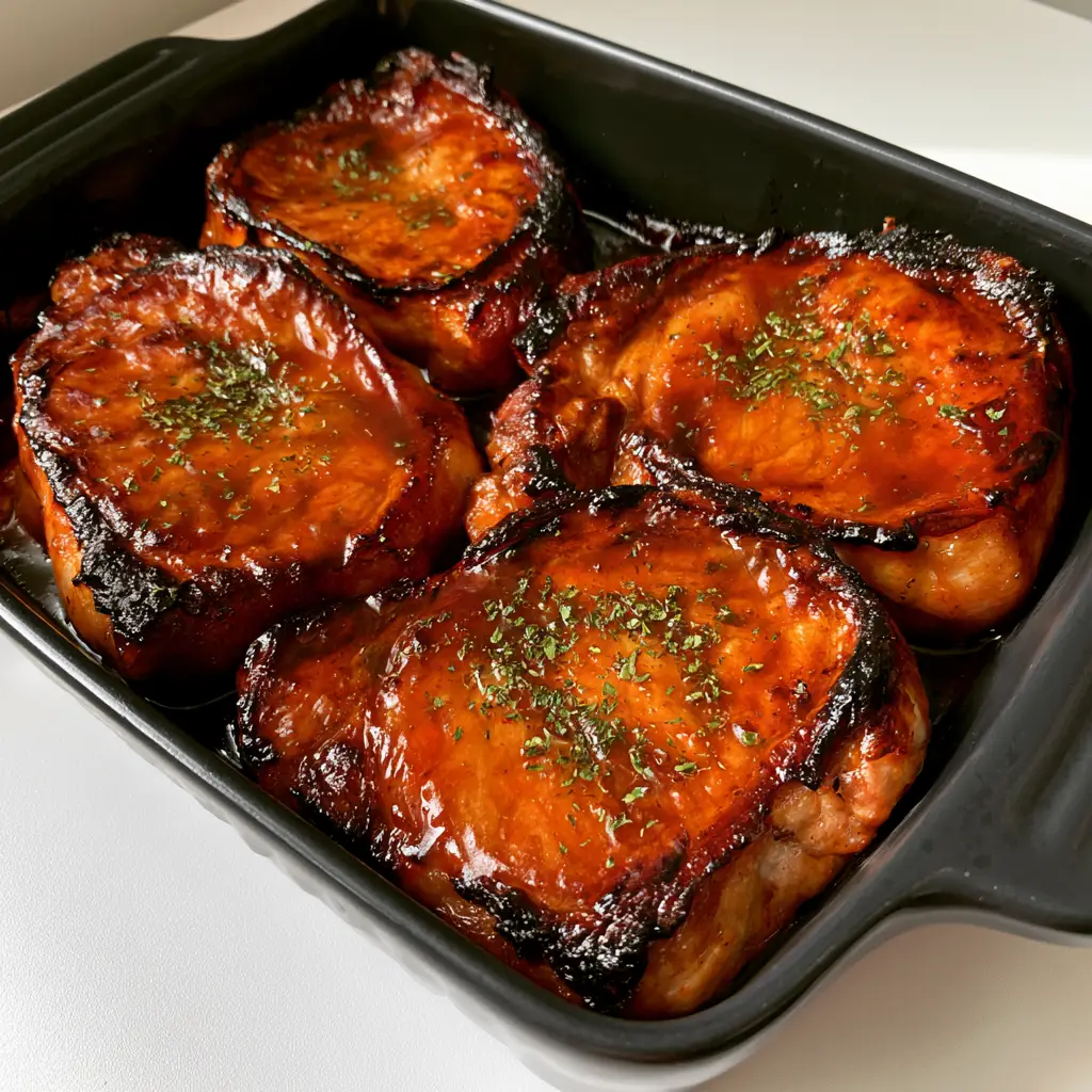Oven Baked Brown Sugar Pork Chops 2 Close up of four thick boneless pork chops with caramelized sugar glaze and seared edges in a black ceramic baking dish. (Oven Baked Brown Sugar Pork Chops)