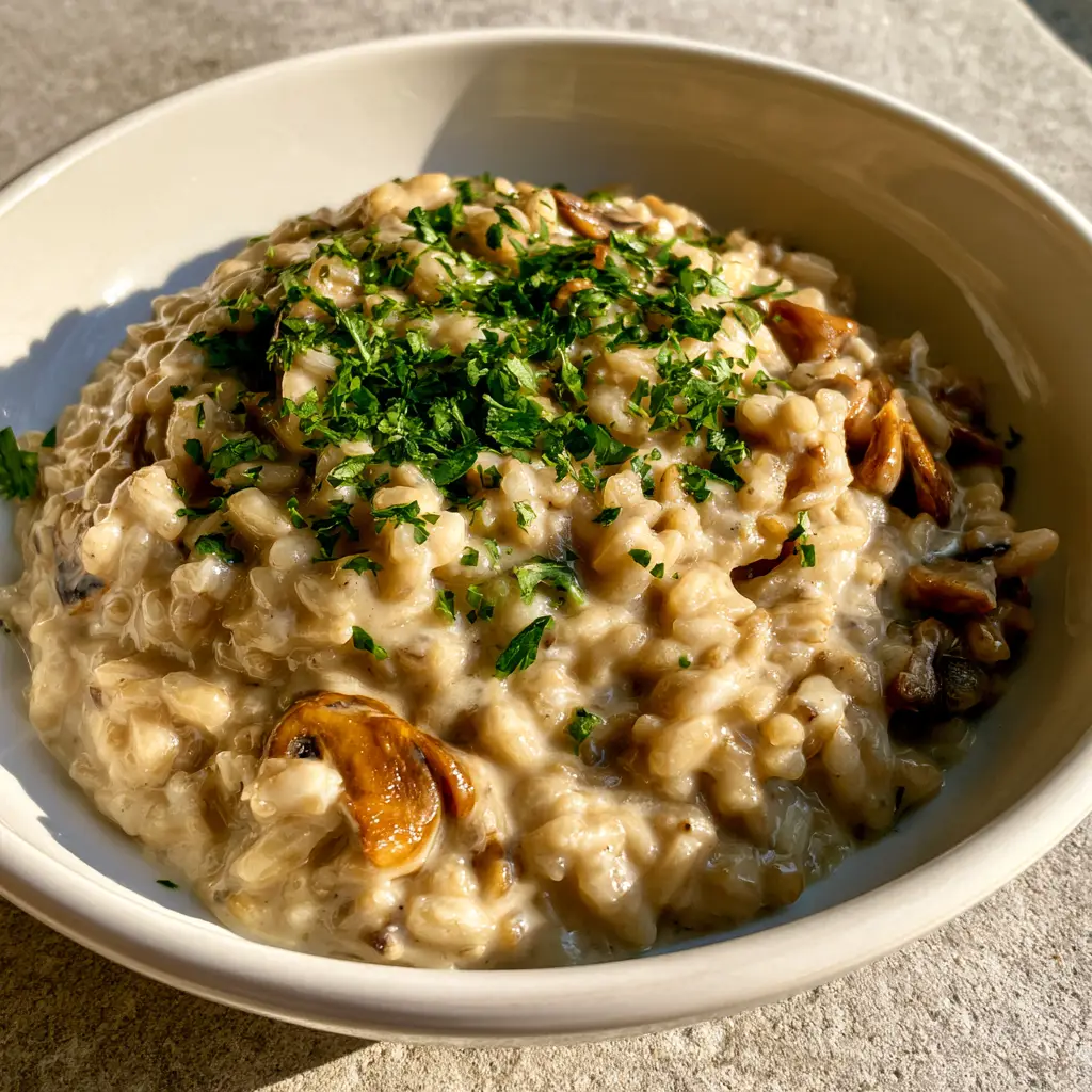 Creamy Mushroom Rice with Garlic Parmesan Sauce 1 Creamy Mushroom Rice garnished with finely chopped parsley and cracked black pepper in a white ceramic bowl.