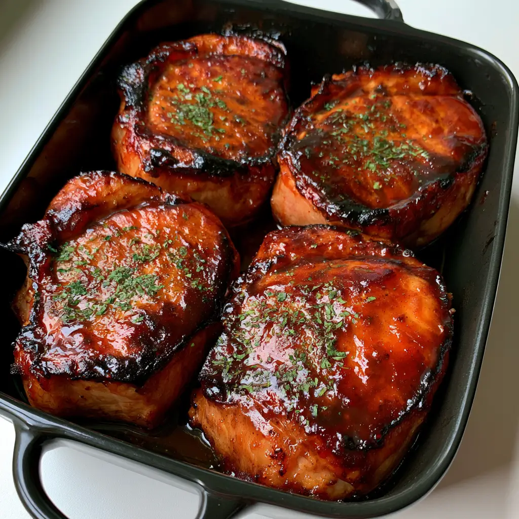 Oven Baked Brown Sugar Pork Chops 1 Smartphone photo showing the charred edges and glossy amber glaze of Oven Baked Brown Sugar Pork Chops sprinkled with parsley.