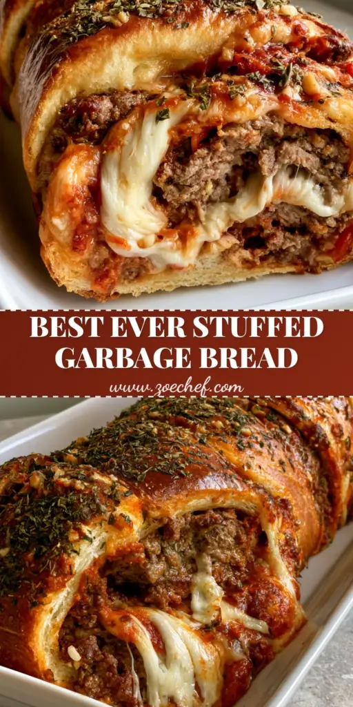 Garbage Bread Recipe: The Ultimate Cheesy Beef Stuffed Loaf 3 A long sliced Garbage Bread loaf showing layers of beef, cheese, and red sauce on a white platter. (Garbage Bread Recipe)