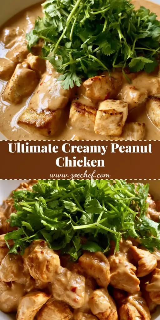 Creamy Peanut Chicken: The Ultimate 20-Minute Glossy Satay-Inspired Dinner 3 A shallow white ceramic bowl filled with bite-sized chunks of pan-cooked chicken in a thick, glossy light-tan peanut sauce, topped with a dense pile of fresh cilantro. (Creamy Peanut Chicken)