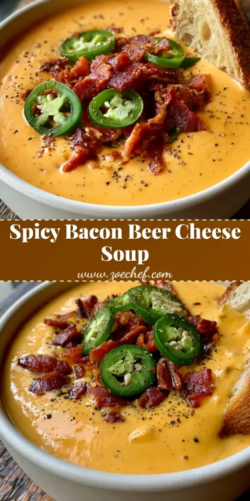 Beer Cheese Soup: The Ultimate Creamy Loaded Pub-Style Recipe 3 A thick and creamy orange Beer Cheese Soup in a white bowl topped with crispy bacon, jalapeno slices, and cracked black pepper, served with sourdough bread.