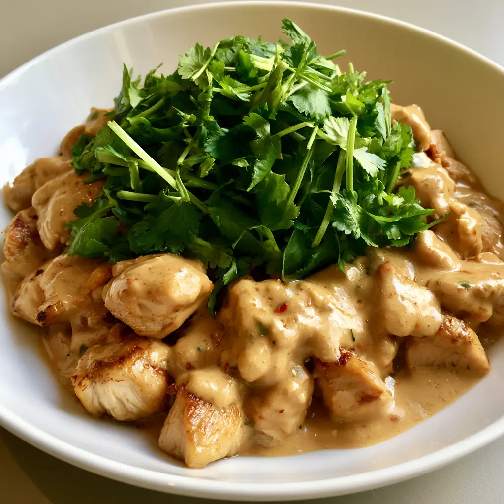 Creamy Peanut Chicken: The Ultimate 20-Minute Glossy Satay-Inspired Dinner 2 Top-down view of Creamy Peanut Chicken in a white ceramic bowl showing the glossy sheen of the tan sauce and red chili flecks. (Creamy Peanut Chicken)