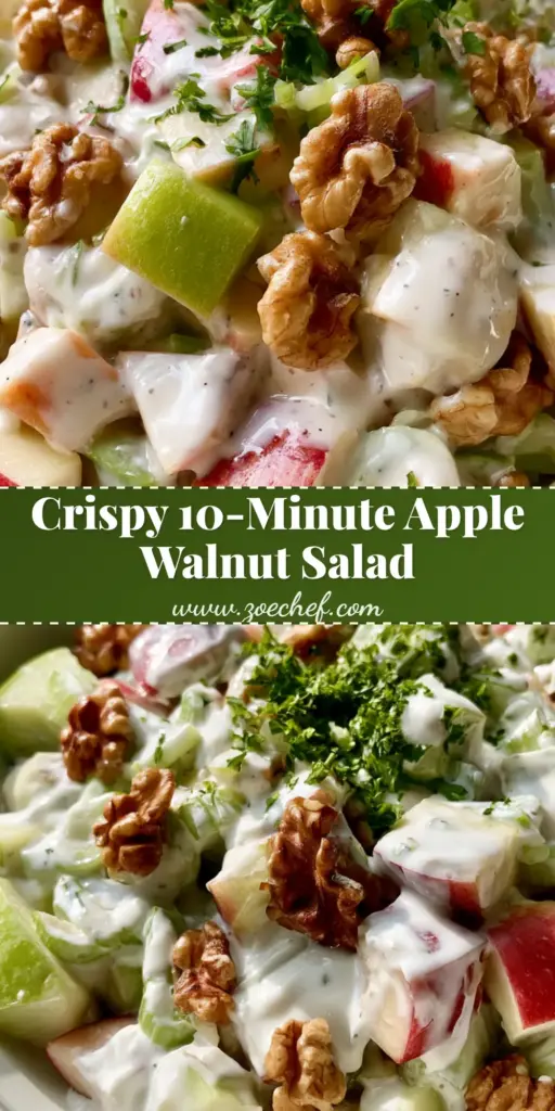 Apple Walnut Salad: The Easiest Creamy and Crunchy Recipe 3 A tall Pinterest-style image of Apple Walnut Salad featuring cubed red and green apples, toasted walnuts, and a creamy dressing.