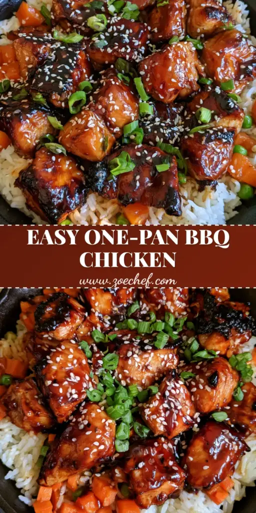One-Pan Honey BBQ Chicken: The Ultimate Sticky Skillet Dinner 4 A top-down smartphone photo of a black cast iron skillet containing One-Pan Honey BBQ Chicken with charred edges, mahogany sauce, fluffy rice, carrots, and peas.