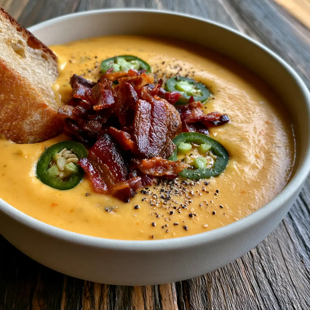 Beer Cheese Soup: The Ultimate Creamy Loaded Pub-Style Recipe 2 Close up of a creamy orange cheddar cheese soup with bacon crumbles and fresh jalapeno rounds in a white ceramic bowl.