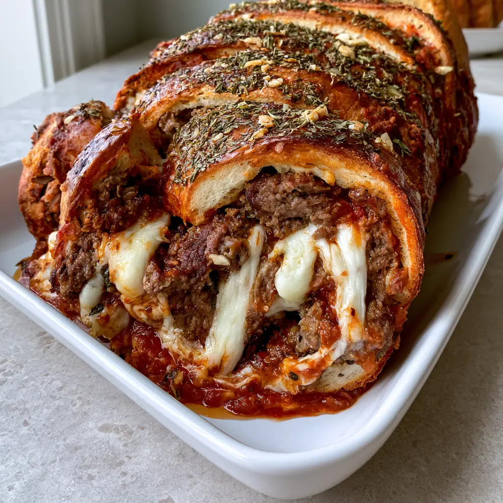 Garbage Bread Recipe: The Ultimate Cheesy Beef Stuffed Loaf 1 Close up of seasoned ground beef and thick strings of melted mozzarella inside a baked loaf. (Garbage Bread Recipe)