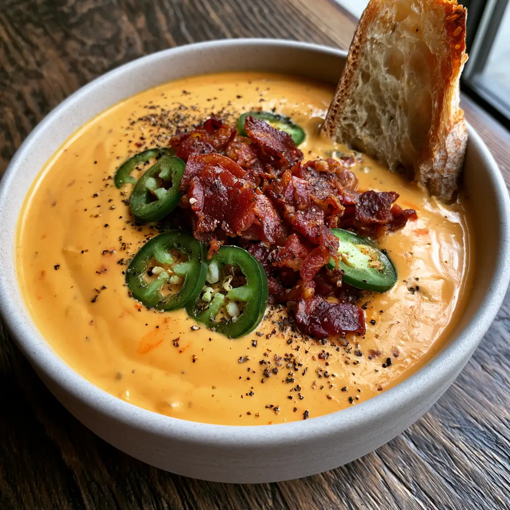 Beer Cheese Soup: The Ultimate Creamy Loaded Pub-Style Recipe 1 Beer Cheese Soup served on a dark rustic wood table with a slice of toasted sourdough partially submerged.