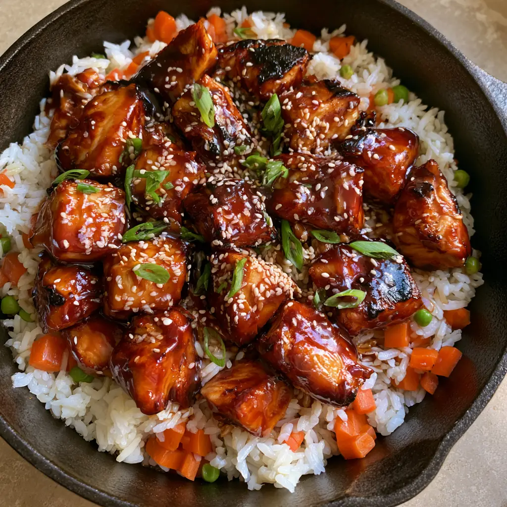 One-Pan Honey BBQ Chicken: The Ultimate Sticky Skillet Dinner 1 Top-down view of the completed One-Pan Honey BBQ Chicken skillet with fluffy rice and green onions.