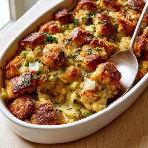 Close up of golden-brown cubed bread stuffing with visible bits of green celery and fresh parsley. (Homemade Thanksgiving Stuffing)