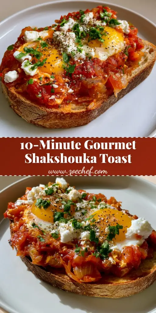 A handheld smartphone photo of Shakshouka Toast on sourdough bread with two runny sunny-side-up eggs, chunky tomato sauce, feta, and cilantro.