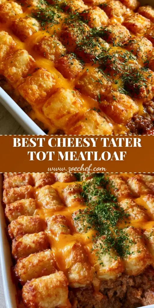 A close-up shot of Tater Tot Meatloaf Casserole with a grid of golden-brown tots, bubbling orange cheddar cheese, and bright green parsley flakes in a white dish.