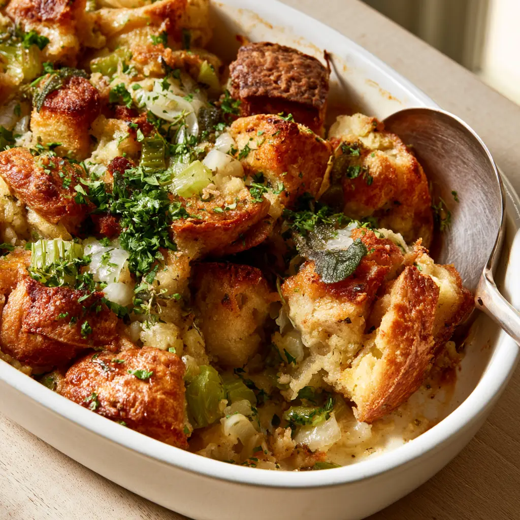 A white oval ceramic baking dish filled with Homemade Thanksgiving Stuffing, featuring a silver serving spoon tucked into the side.